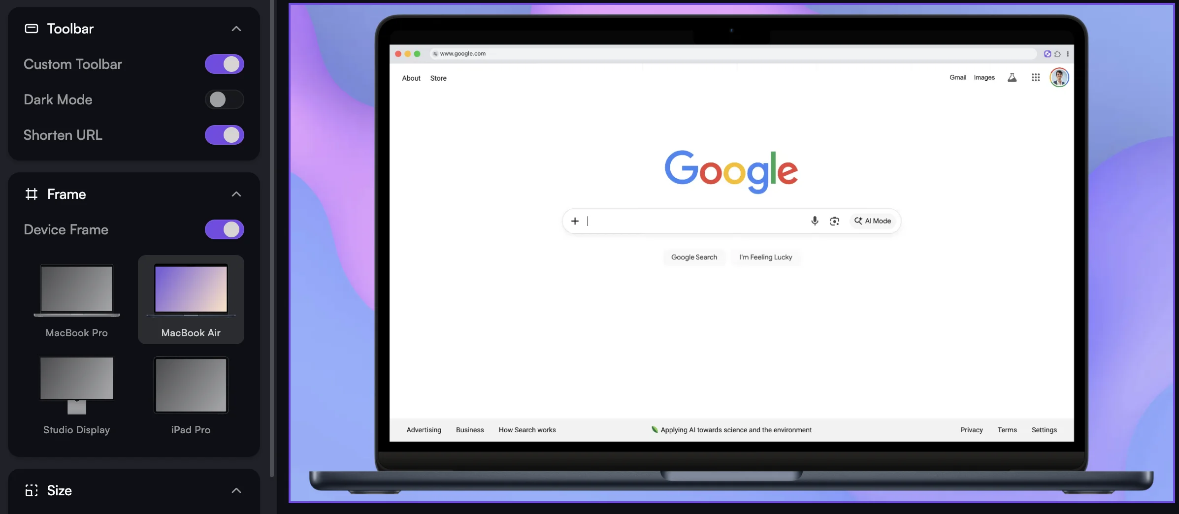 Recordio device frame wrapping — recording displayed inside a MacBook Pro frame