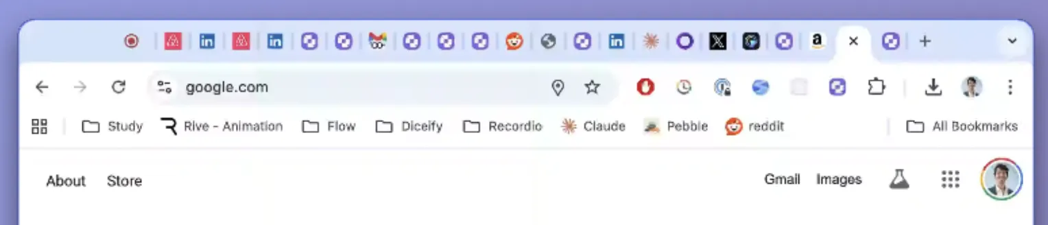Chrome toolbar before — messy bookmarks, tabs, and extensions visible